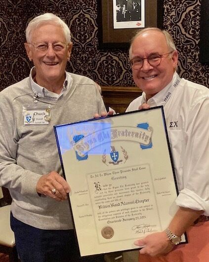 Kim Arn, then-President, presented a copy of our Charter to Dr. Charles (Chuck) Duvall, Founding President of our Chapter, at our November 2021 meeting.